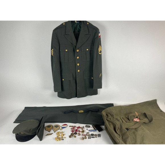 1950s USA Army War Miltary Uniform Jacket Pants Hats Bag Belt - Tags Pins Silver